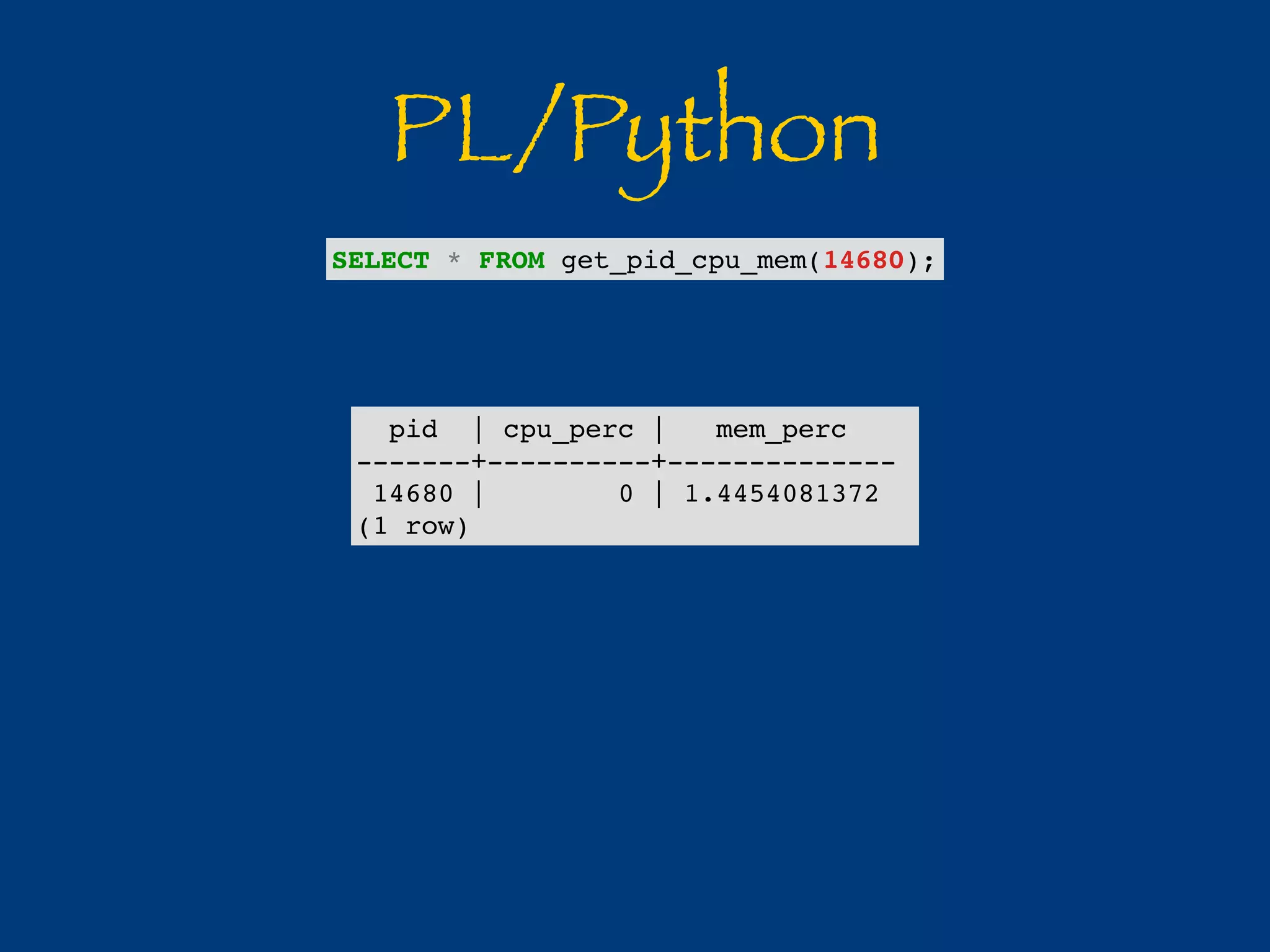 PL/Python 
SELECT * FROM get_pid_cpu_mem(14680); 
pid | cpu_perc | mem_perc 
-------+----------+-------------- 
14680 | 0 | 1.4454081372 
(1 row) 
 