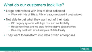 What do our customers look like?
Ÿ  Large enterprises with lots of data collected
–  Work with 10s of TBs to PBs of data, structured & unstructured

Ÿ  Not able to get what they want out of their data
–  Old Legacy systems with high cost and no flexibility
–  Response times are too slow for interactive data analysis
–  Can only deal with small samples of data locally

Ÿ  They want to transform into data driven enterprises

© Copyright 2013 Pivotal. All rights reserved.

5

 