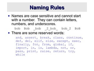 Naming RulesNaming Rules
• Names are case sensitive and cannot start
with a number. They can contain letters,
numbers, and...
