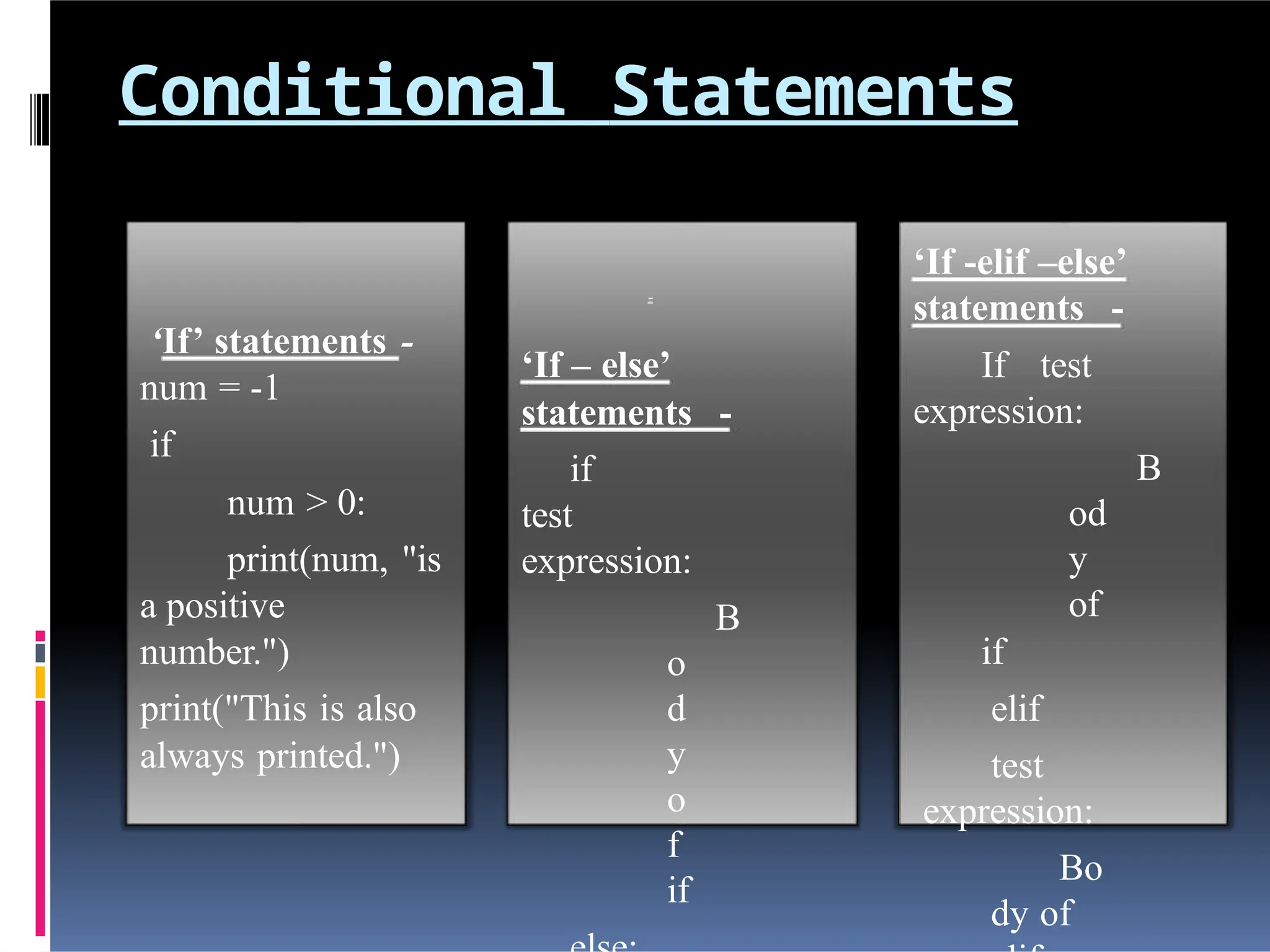 Conditional Statements
‘If -elif –else’
statements -
If test
expression:
B
od
y
of
if
elif
test
expression:
Bo
dy of
‘If – else’
statements -
if
test
expression:
B
o
d
y
o
f
if
-
‘If’ statements -
num = -1
if
num > 0:
print(num, "is
a positive
number.")
print("This is also
always printed.")
 