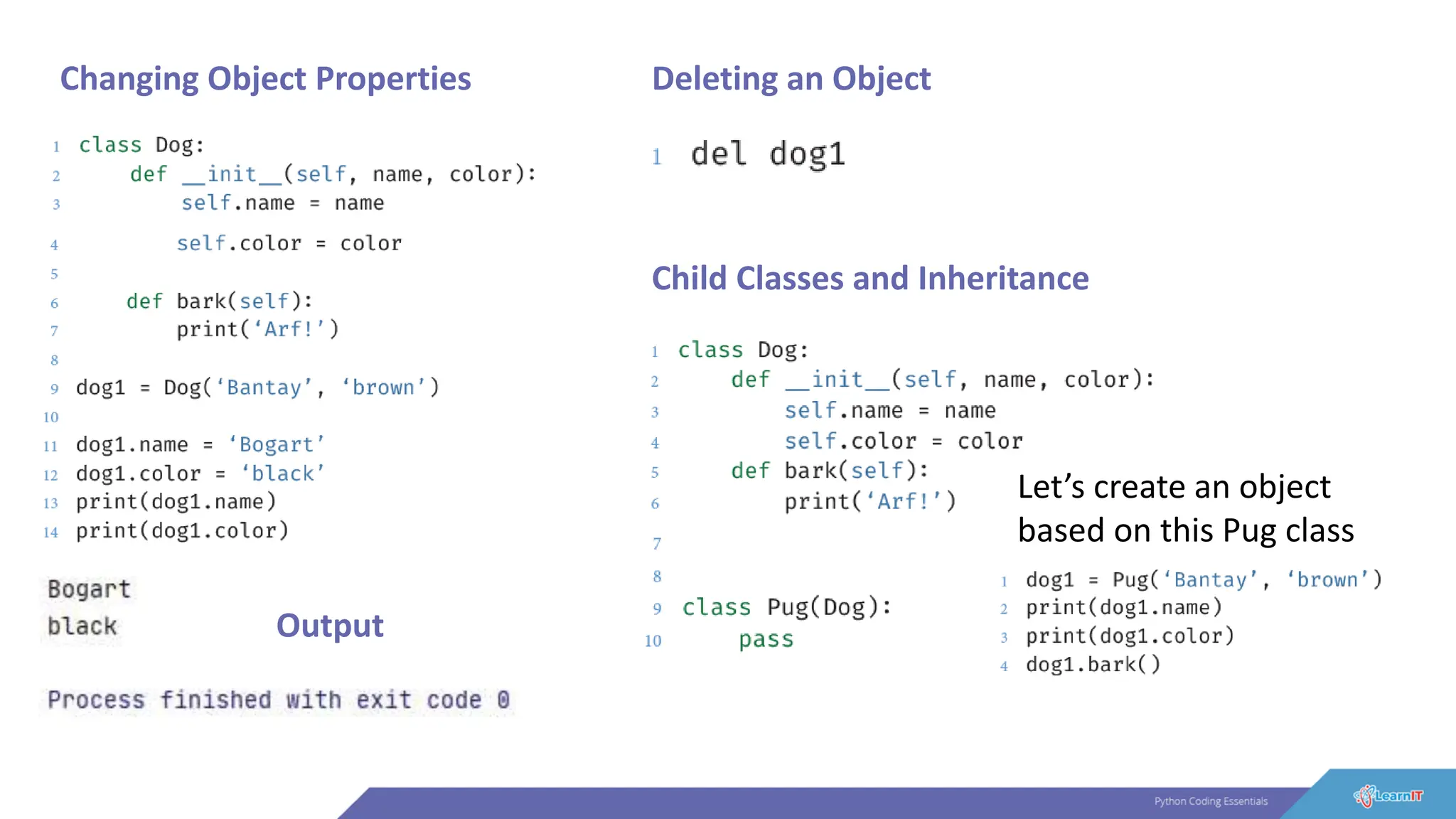 Changing Object Properties
Output
Deleting an Object
Child Classes and Inheritance
Let’s create an object
based on this Pug class
 