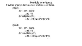 Multiple Inheritance
# python program to implement Multiple inheritance
class A:
def __init__(self):
self.a = 0
def getdata(self):
self.a = int(input(“enter a”))
class B:
def __init__(self):
self.b = 0
def inputdata(self):
self.b = int(input(“enter b”))
 