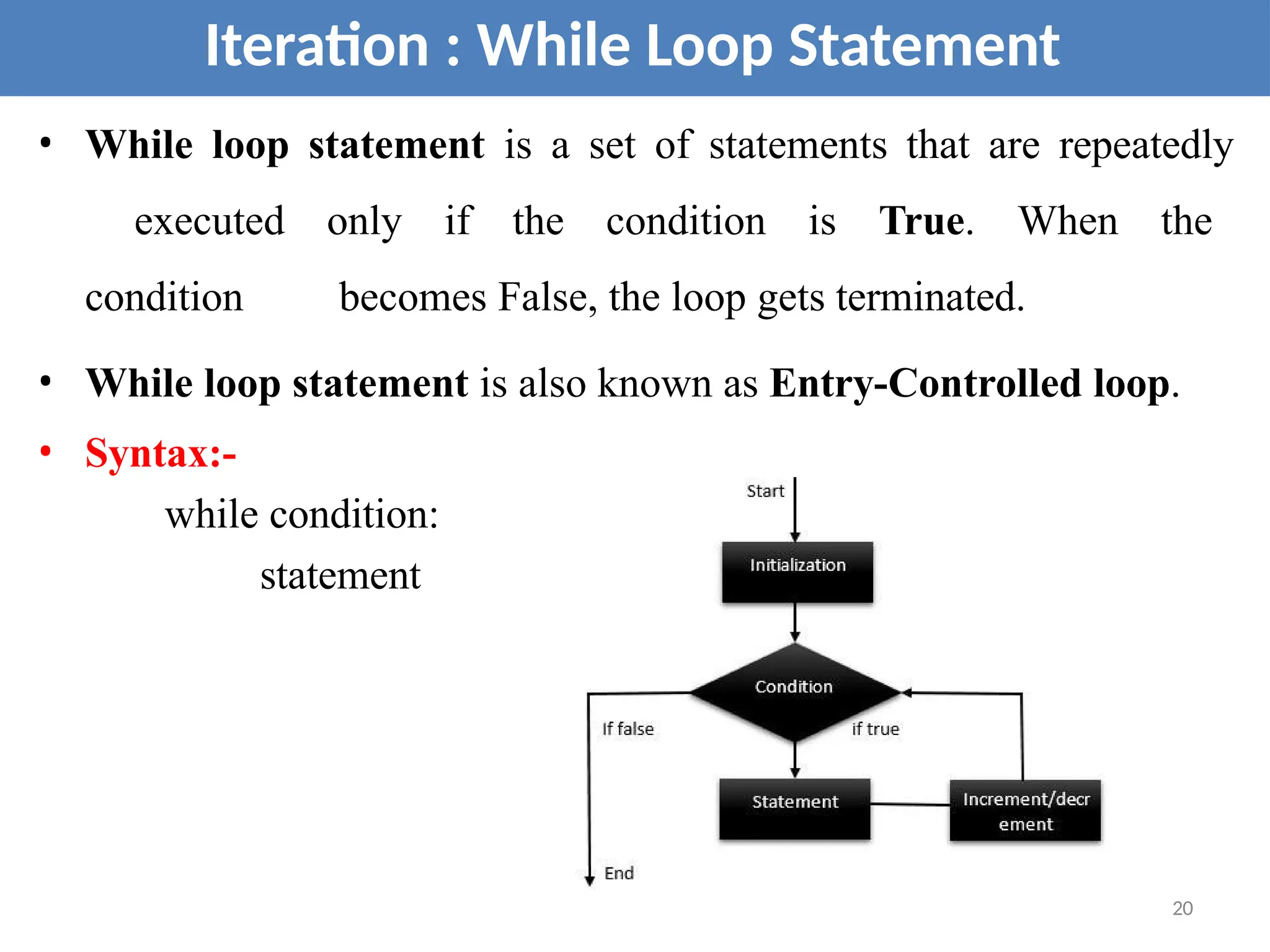 • While loop statement is a set of statements that are repeatedly
executed only if the condition is True. When the
condition becomes False, the loop gets terminated.
• While loop statement is also known as Entry-Controlled loop.
• Syntax:-
while condition:
statement
Iteration : While Loop Statement
20
 