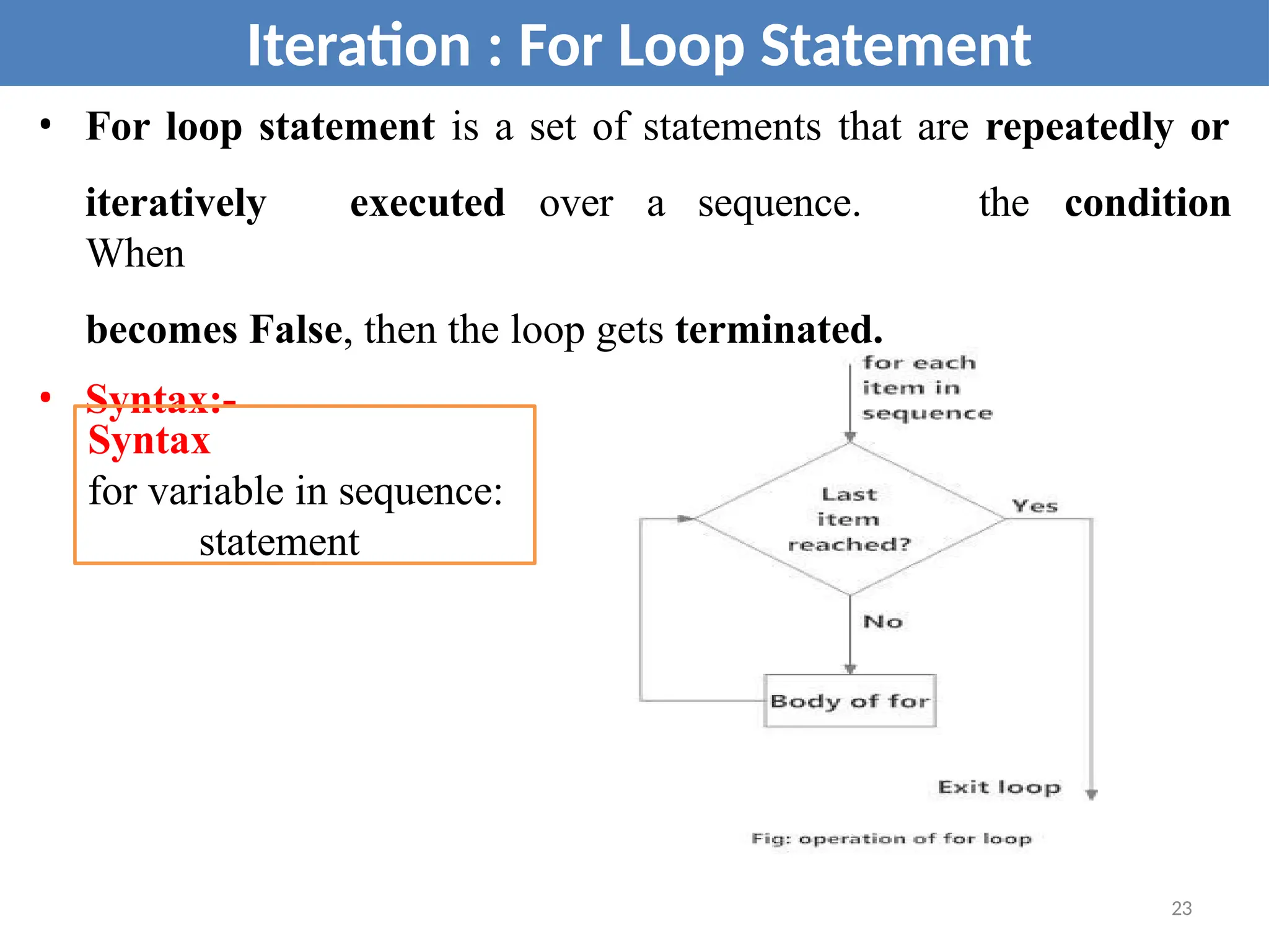 • For loop statement is a set of statements that are repeatedly or
iteratively executed over a sequence.
When
becomes False, then the loop gets terminated.
• Syntax:-
the condition
Iteration : For Loop Statement
Syntax
for variable in sequence:
statement
23
 