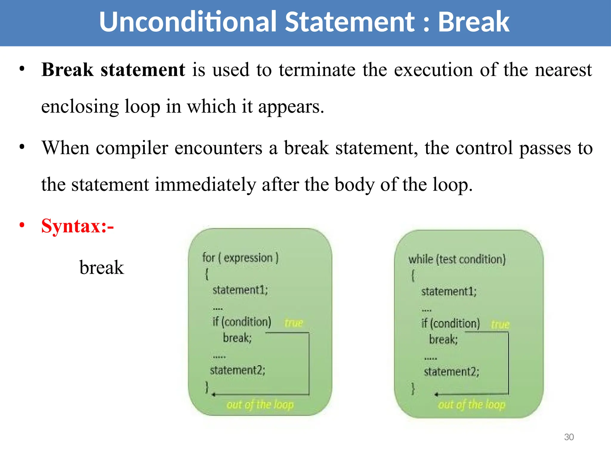 • Break statement is used to terminate the execution of the nearest
enclosing loop in which it appears.
• When compiler encounters a break statement, the control passes to
the statement immediately after the body of the loop.
• Syntax:-
break
Unconditional Statement : Break
30
 
