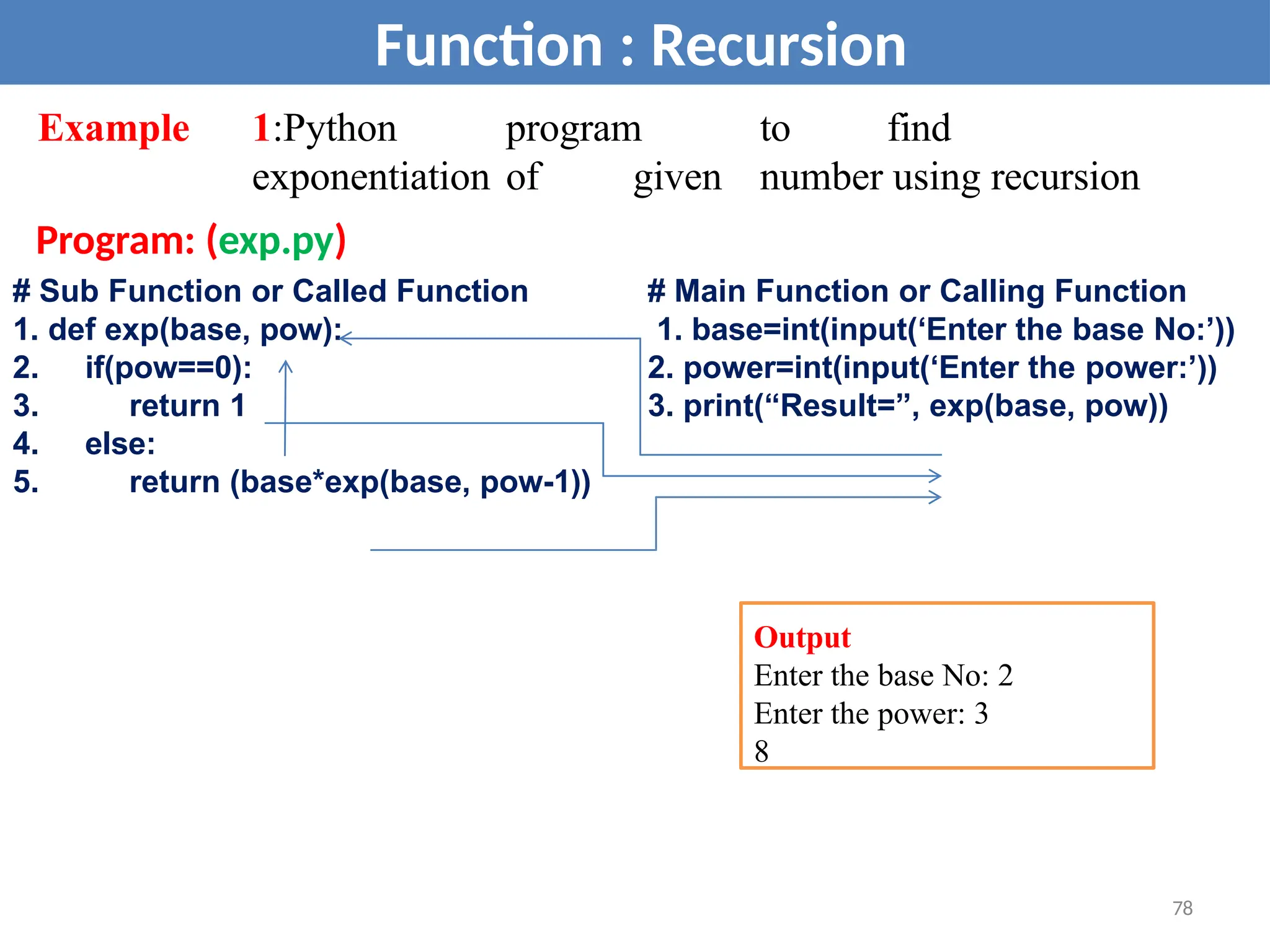 Example 1:Python program to find
exponentiation of given number using recursion
Program: (exp.py)
Function : Recursion
# Sub Function or Called Function
1. def exp(base, pow):
2. if(pow==0):
3. return 1
4. else:
5. return (base*exp(base, pow-1))
# Main Function or Calling Function
1. base=int(input(‘Enter the base No:’))
2. power=int(input(‘Enter the power:’))
3. print(“Result=”, exp(base, pow))
Output
Enter the base No: 2
Enter the power: 3
8
78
 