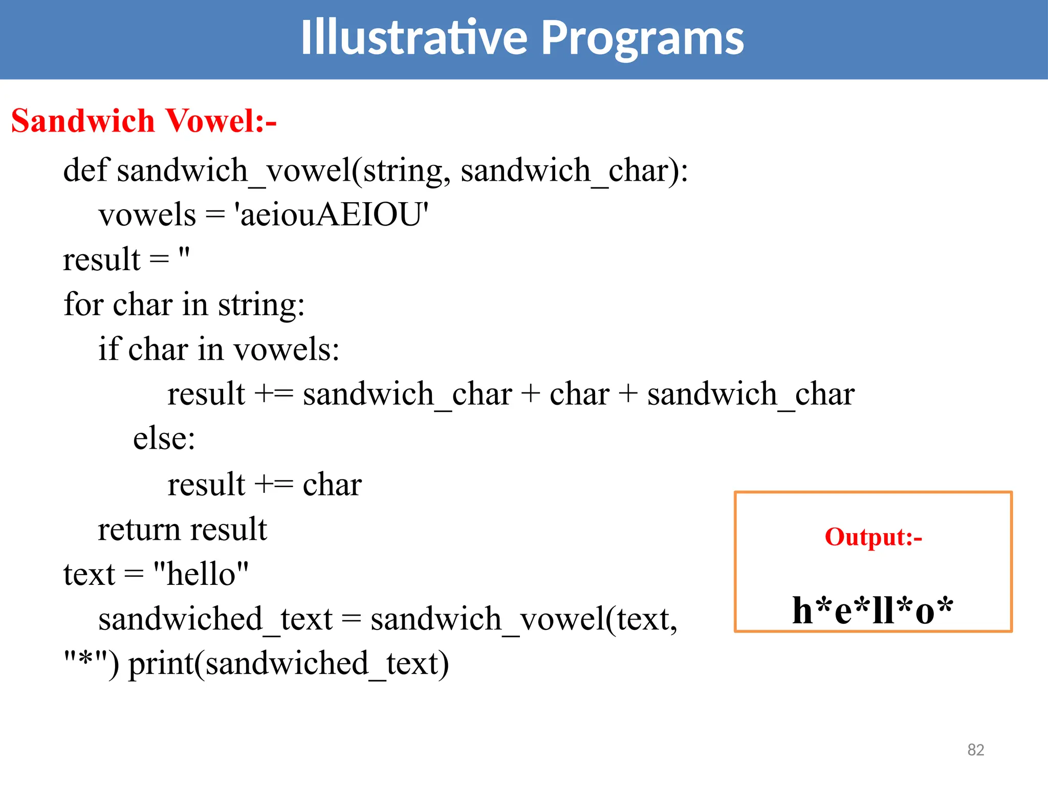 Illustrative Programs
Sandwich Vowel:-
def sandwich_vowel(string, sandwich_char):
vowels = 'aeiouAEIOU'
result = ''
for char in string:
if char in vowels:
result += sandwich_char + char + sandwich_char
else:
result += char
return result
text = "hello"
sandwiched_text = sandwich_vowel(text,
"*") print(sandwiched_text)
Output:-
h*e*ll*o*
82
 