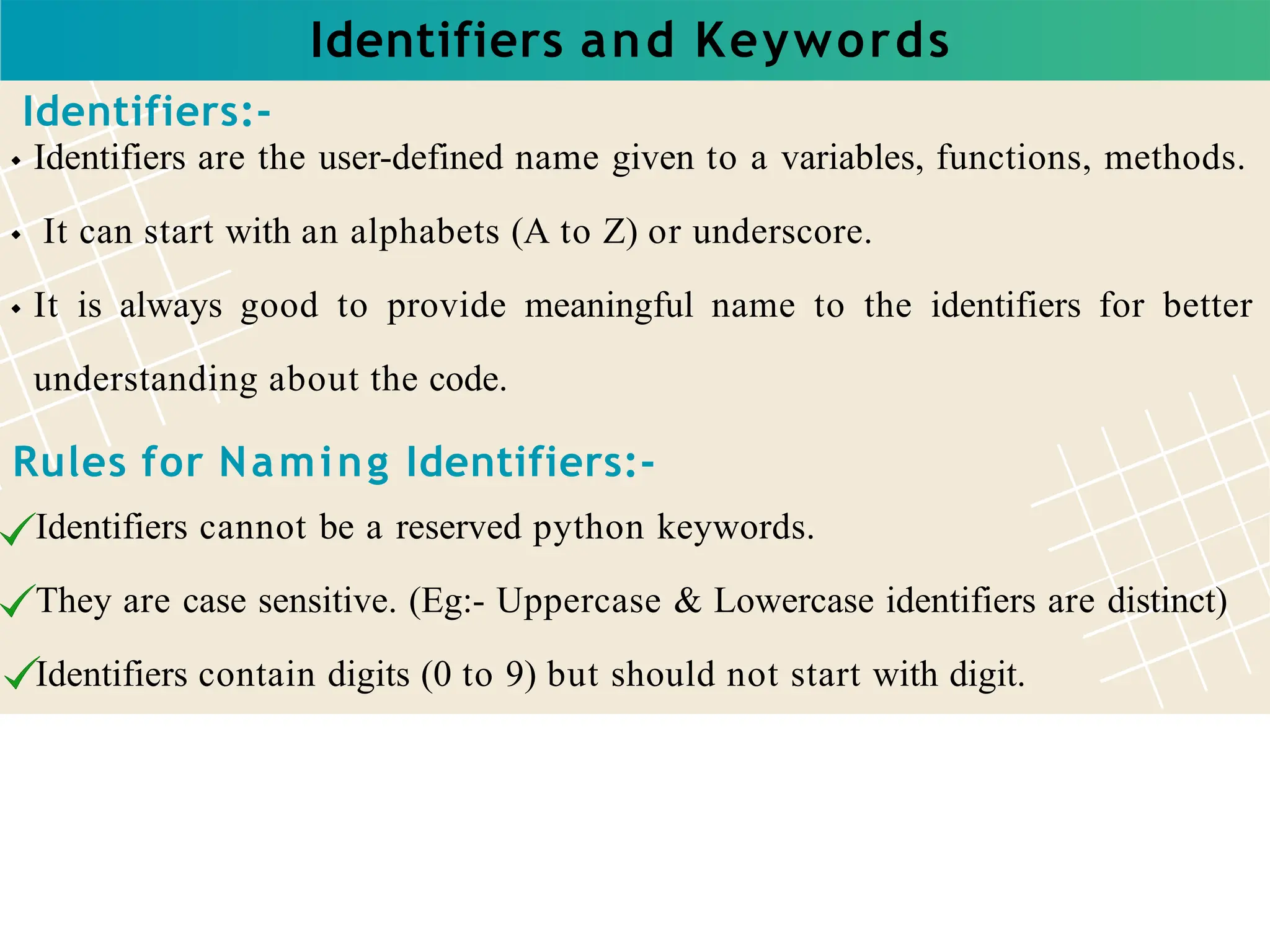 Identifiers and Keywords
Identifiers:-
Identifiers are the user-defined name given to a variables, functions, methods.
It can start with an alphabets (A to Z) or underscore.
It is always good to provide meaningful name to the identifiers for better
understanding about the code.
Rules for Naming Identifiers:-
Identifiers cannot be a reserved python keywords.
They are case sensitive. (Eg:- Uppercase & Lowercase identifiers are distinct)
Identifiers contain digits (0 to 9) but should not start with digit.
 
