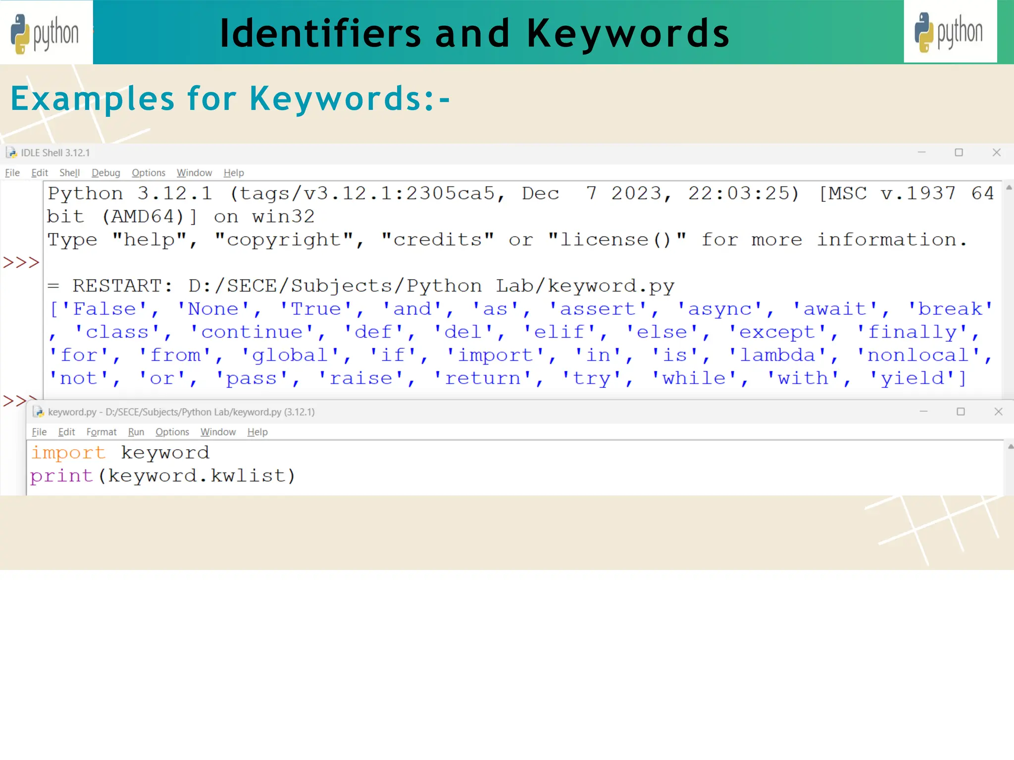 Identifiers and Keywords
Examples for Keywords:-
 