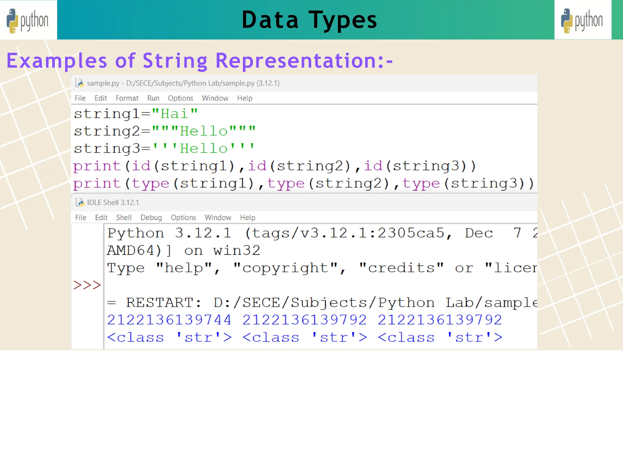 Data Types
Examples of String Representation:-
 