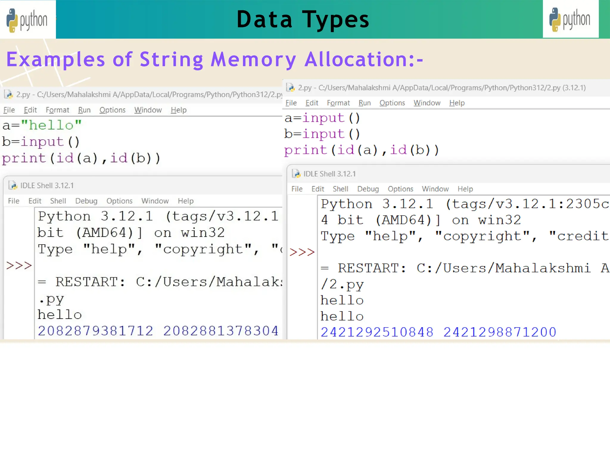 Data Types
Examples of String Memory Allocation:-
 