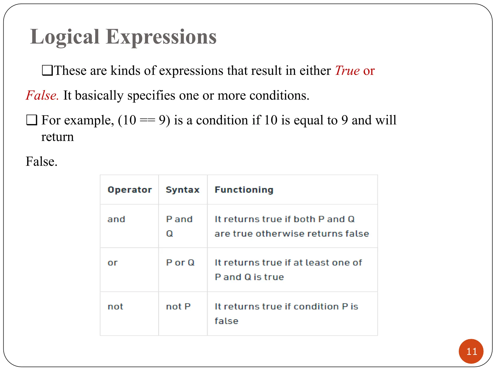Logical Expressions
❑These are kinds of expressions that result in either True or
False. It basically specifies one or more conditions.
❑ For example, (10 == 9) is a condition if 10 is equal to 9 and will
return
False.
11
 