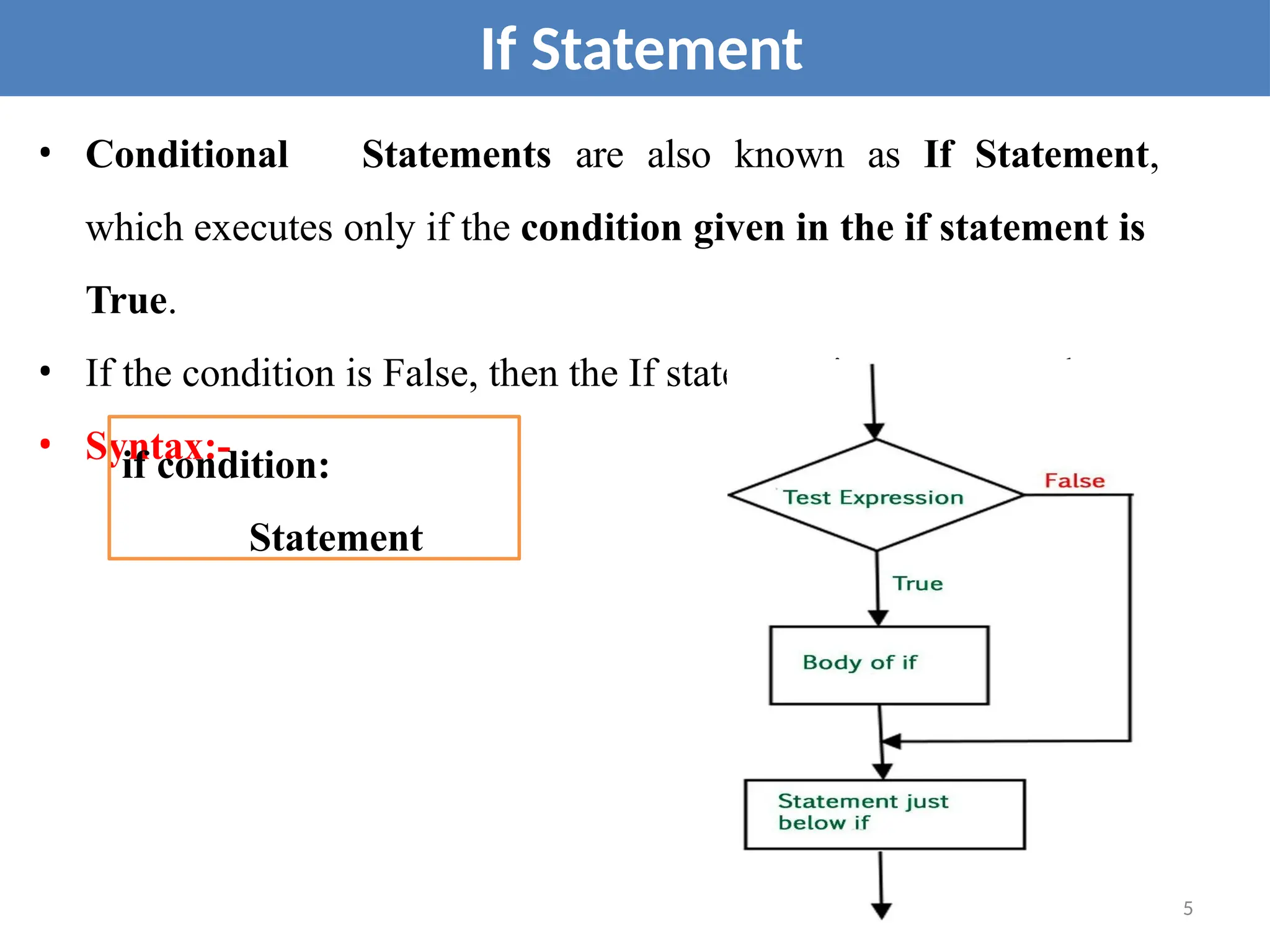 • Conditional Statements are also known as If Statement,
which executes only if the condition given in the if statement is
True.
• If the condition is False, then the If statement is not executed.
• Syntax:-
5
If Statement
if condition:
Statement
 