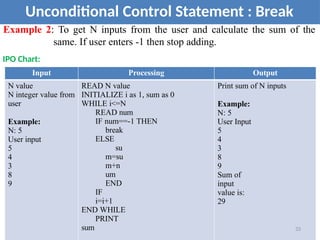 Unconditional Control Statement : Break
Example 2: To get N inputs from the user and calculate the sum of the
same. If user enters -1 then stop adding.
IPO Chart:
Input Processing Output
N value
N integer value from
user
Example:
N: 5
User input
5
4
3
8
9
READ N value
INITIALIZE i as 1, sum as 0
WHILE i<=N
READ num
IF num==-1 THEN
break
ELSE
su
m=su
m+n
um
END
IF
i=i+1
END WHILE
PRINT
sum
Print sum of N inputs
Example:
N: 5
User Input
5
4
3
8
9
Sum of
input
value is:
29
33
 