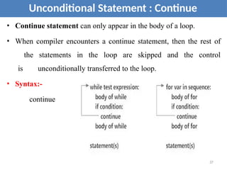 • Continue statement can only appear in the body of a loop.
• When compiler encounters a continue statement, then the rest of
the statements in the loop are skipped and the control
is unconditionally transferred to the loop.
• Syntax:-
continue
Unconditional Statement : Continue
37
 