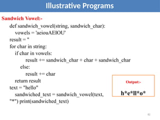 Illustrative Programs
Sandwich Vowel:-
def sandwich_vowel(string, sandwich_char):
vowels = 'aeiouAEIOU'
result = ''
for char in string:
if char in vowels:
result += sandwich_char + char + sandwich_char
else:
result += char
return result
text = "hello"
sandwiched_text = sandwich_vowel(text,
"*") print(sandwiched_text)
Output:-
h*e*ll*o*
82
 