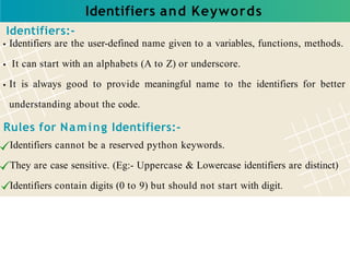 Identifiers and Keywords
Identifiers:-
Identifiers are the user-defined name given to a variables, functions, methods.
It can start with an alphabets (A to Z) or underscore.
It is always good to provide meaningful name to the identifiers for better
understanding about the code.
Rules for Naming Identifiers:-
Identifiers cannot be a reserved python keywords.
They are case sensitive. (Eg:- Uppercase & Lowercase identifiers are distinct)
Identifiers contain digits (0 to 9) but should not start with digit.
 