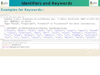 Identifiers and Keywords
Examples for Keywords:-
 