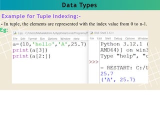 Data Types
Example for Tuple Indexing:-
In tuple, the elements are represented with the index value from 0 to n-1.
Eg:
 