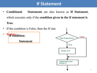• Conditional Statements are also known as If Statement,
which executes only if the condition given in the if statement is
True.
• If the condition is False, then the If statement is not executed.
• Syntax:-
5
If Statement
if condition:
Statement
 