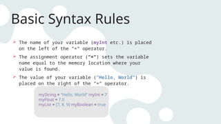  The name of your variable (myInt etc.) is placed
on the left of the “=“ operator.
 The assignment operator (“=“) sets the variable
name equal to the memory location where your
value is found.
 The value of your variable (“Hello, World”) is
placed on the right of the “=“ operator.
Basic Syntax Rules
myString = “Hello, World” myInt = 7
myFloat = 7.0
myList = [7, 8, 9] myBoolean = true
 