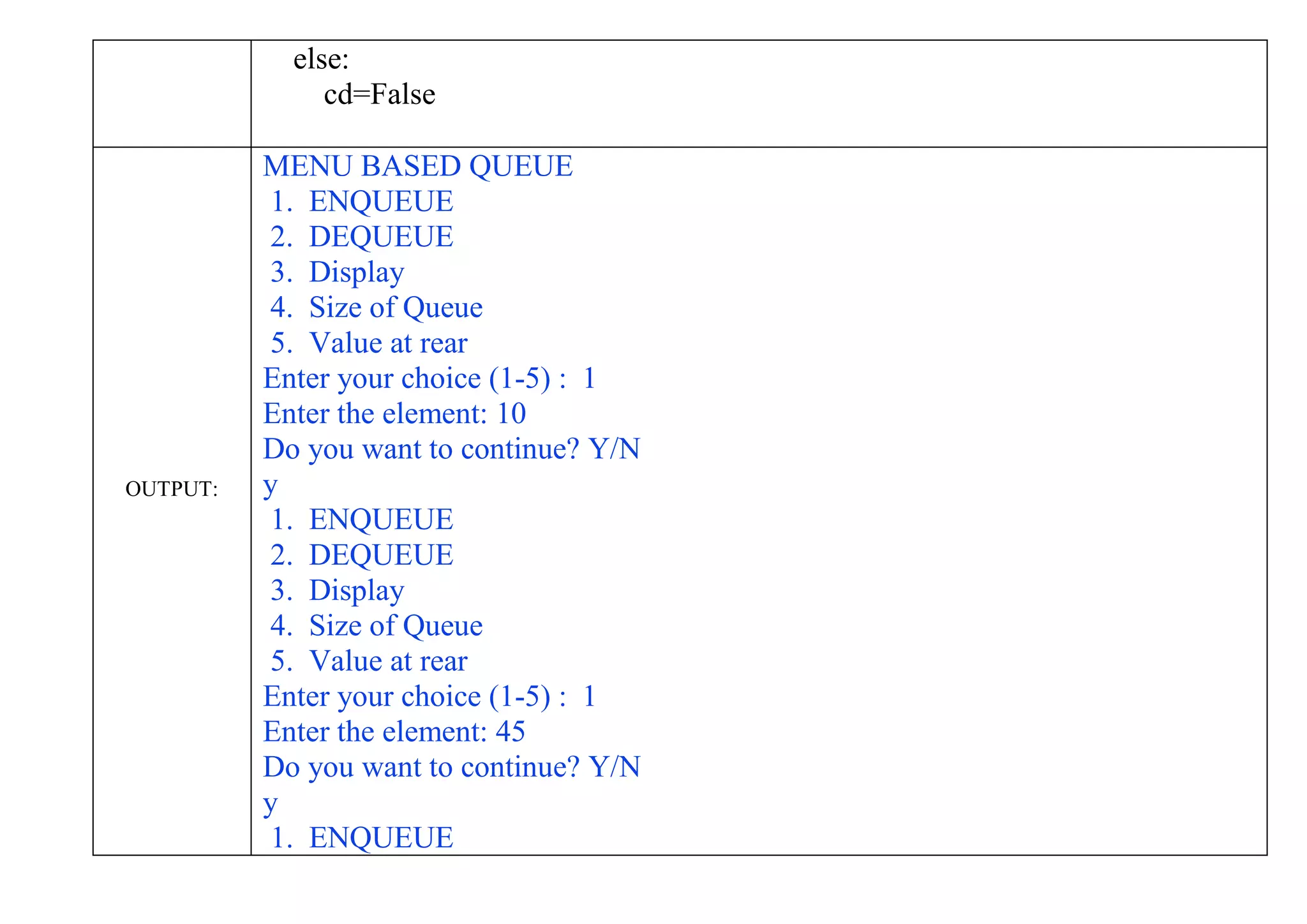 else:
cd=False
OUTPUT:
MENU BASED QUEUE
1. ENQUEUE
2. DEQUEUE
3. Display
4. Size of Queue
5. Value at rear
Enter your choice (1-5) : 1
Enter the element: 10
Do you want to continue? Y/N
y
1. ENQUEUE
2. DEQUEUE
3. Display
4. Size of Queue
5. Value at rear
Enter your choice (1-5) : 1
Enter the element: 45
Do you want to continue? Y/N
y
1. ENQUEUE
 