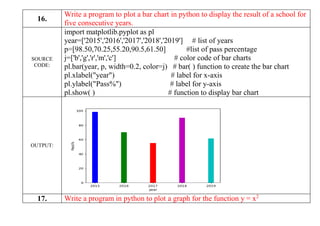 16.
Write a program to plot a bar chart in python to display the result of a school for
five consecutive years.
SOURCE
CODE:
import matplotlib.pyplot as pl
year=['2015','2016','2017','2018','2019'] # list of years
p=[98.50,70.25,55.20,90.5,61.50] #list of pass percentage
j=['b','g','r','m','c'] # color code of bar charts
pl.bar(year, p, width=0.2, color=j) # bar( ) function to create the bar chart
pl.xlabel("year") # label for x-axis
pl.ylabel("Pass%") # label for y-axis
pl.show( ) # function to display bar chart
OUTPUT:
17. Write a program in python to plot a graph for the function y = x2
 