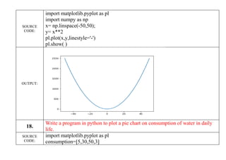 SOURCE
CODE:
import matplotlib.pyplot as pl
import numpy as np
x= np.linspace(-50,50);
y= x**2
pl.plot(x,y,linestyle='-')
pl.show( )
OUTPUT:
18.
Write a program in python to plot a pie chart on consumption of water in daily
life.
SOURCE
CODE:
import matplotlib.pyplot as pl
consumption=[5,30,50,3]
 
