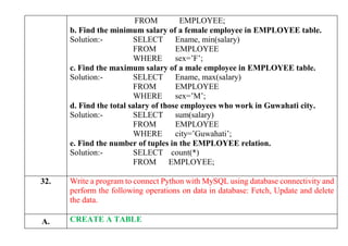 FROM EMPLOYEE;
b. Find the minimum salary of a female employee in EMPLOYEE table.
Solution:- SELECT Ename, min(salary)
FROM EMPLOYEE
WHERE sex=’F’;
c. Find the maximum salary of a male employee in EMPLOYEE table.
Solution:- SELECT Ename, max(salary)
FROM EMPLOYEE
WHERE sex=’M’;
d. Find the total salary of those employees who work in Guwahati city.
Solution:- SELECT sum(salary)
FROM EMPLOYEE
WHERE city=’Guwahati’;
e. Find the number of tuples in the EMPLOYEE relation.
Solution:- SELECT count(*)
FROM EMPLOYEE;
32. Write a program to connect Python with MySQL using database connectivity and
perform the following operations on data in database: Fetch, Update and delete
the data.
A. CREATE A TABLE
 