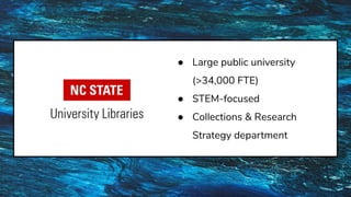 ● Large public university
(>34,000 FTE)
● STEM-focused
● Collections & Research
Strategy department
 