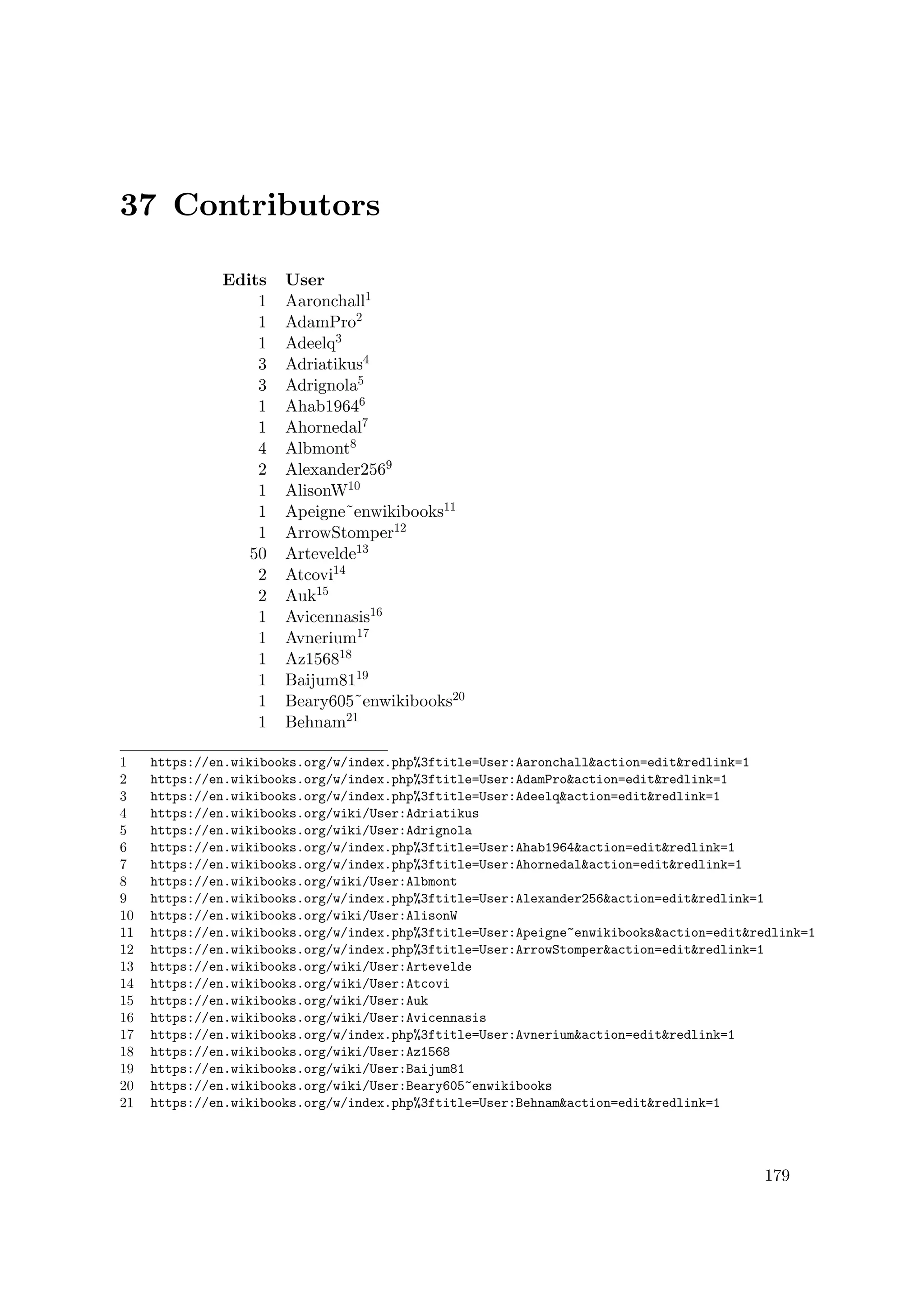 37 Contributors
Edits User
1 Aaronchall1
1 AdamPro2
1 Adeelq3
3 Adriatikus4
3 Adrignola5
1 Ahab19646
1 Ahornedal7
4 Albmont8
2 Alexander2569
1 AlisonW10
1 Apeigne˜enwikibooks11
1 ArrowStomper12
50 Artevelde13
2 Atcovi14
2 Auk15
1 Avicennasis16
1 Avnerium17
1 Az156818
1 Baijum8119
1 Beary605˜enwikibooks20
1 Behnam21
1 https://en.wikibooks.org/w/index.php%3ftitle=User:Aaronchall&action=edit&redlink=1
2 https://en.wikibooks.org/w/index.php%3ftitle=User:AdamPro&action=edit&redlink=1
3 https://en.wikibooks.org/w/index.php%3ftitle=User:Adeelq&action=edit&redlink=1
4 https://en.wikibooks.org/wiki/User:Adriatikus
5 https://en.wikibooks.org/wiki/User:Adrignola
6 https://en.wikibooks.org/w/index.php%3ftitle=User:Ahab1964&action=edit&redlink=1
7 https://en.wikibooks.org/w/index.php%3ftitle=User:Ahornedal&action=edit&redlink=1
8 https://en.wikibooks.org/wiki/User:Albmont
9 https://en.wikibooks.org/w/index.php%3ftitle=User:Alexander256&action=edit&redlink=1
10 https://en.wikibooks.org/wiki/User:AlisonW
11 https://en.wikibooks.org/w/index.php%3ftitle=User:Apeigne~enwikibooks&action=edit&redlink=1
12 https://en.wikibooks.org/w/index.php%3ftitle=User:ArrowStomper&action=edit&redlink=1
13 https://en.wikibooks.org/wiki/User:Artevelde
14 https://en.wikibooks.org/wiki/User:Atcovi
15 https://en.wikibooks.org/wiki/User:Auk
16 https://en.wikibooks.org/wiki/User:Avicennasis
17 https://en.wikibooks.org/w/index.php%3ftitle=User:Avnerium&action=edit&redlink=1
18 https://en.wikibooks.org/wiki/User:Az1568
19 https://en.wikibooks.org/wiki/User:Baijum81
20 https://en.wikibooks.org/wiki/User:Beary605~enwikibooks
21 https://en.wikibooks.org/w/index.php%3ftitle=User:Behnam&action=edit&redlink=1
179
 