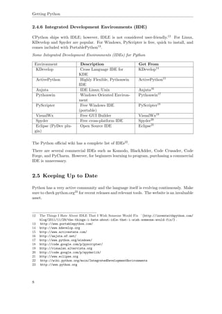 Getting Python
2.4.6 Integrated Development Environments (IDE)
CPython ships with IDLE; however, IDLE is not considered user-friendly.12 For Linux,
KDevelop and Spyder are popular. For Windows, PyScripter is free, quick to install, and
comes included with PortablePython13.
Some Integrated Development Environments (IDEs) for Python
Environment Description Get From
KDevelop Cross Language IDE for
KDE
KDevelop14
ActivePython Highly Flexible, Pythonwin
IDE
ActivePython15
Anjuta IDE Linux/Unix Anjuta16
Pythonwin Windows Oriented Environ-
ment
Pythonwin17
PyScripter Free Windows IDE
(portable)
PyScripter18
VisualWx Free GUI Builder VisualWx19
Spyder Free cross-platform IDE Spyder20
Eclipse (PyDev plu-
gin)
Open Source IDE Eclipse21
The Python oﬃcial wiki has a complete list of IDEs22.
There are several commercial IDEs such as Komodo, BlackAdder, Code Crusader, Code
Forge, and PyCharm. However, for beginners learning to program, purchasing a commercial
IDE is unnecessary.
2.5 Keeping Up to Date
Python has a very active community and the language itself is evolving continuously. Make
sure to check python.org23 for recent releases and relevant tools. The website is an invaluable
asset.
12 The Things I Hate About IDLE That I Wish Someone Would Fix ˆ{http://inventwithpython.com/
blog/2011/11/29/the-things-i-hate-about-idle-that-i-wish-someone-would-fix/} .
13 http://www.portablepython.com/
14 http://www.kdevelop.org
15 http://www.activestate.com/
16 http://anjuta.sf.net/
17 http://www.python.org/windows/
18 http://code.google.com/p/pyscripter/
19 http://visualwx.altervista.org
20 http://code.google.com/p/spyderlib/
21 http://www.eclipse.org
22 http://wiki.python.org/moin/IntegratedDevelopmentEnvironments
23 http://www.python.org
8
 