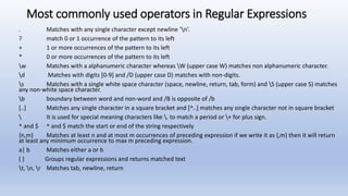 Most commonly used operators in Regular Expressions
. Matches with any single character except newline ‘n’.
? match 0 or 1 occurrence of the pattern to its left
+ 1 or more occurrences of the pattern to its left
* 0 or more occurrences of the pattern to its left
w Matches with a alphanumeric character whereas W (upper case W) matches non alphanumeric character.
d Matches with digits [0-9] and /D (upper case D) matches with non-digits.
s Matches with a single white space character (space, newline, return, tab, form) and S (upper case S) matches
any non-white space character.
b boundary between word and non-word and /B is opposite of /b
[..] Matches any single character in a square bracket and [^..] matches any single character not in square bracket
 It is used for special meaning characters like . to match a period or + for plus sign.
^ and $ ^ and $ match the start or end of the string respectively
{n,m} Matches at least n and at most m occurrences of preceding expression if we write it as {,m} then it will return
at least any minimum occurrence to max m preceding expression.
a| b Matches either a or b
( ) Groups regular expressions and returns matched text
t, n, r Matches tab, newline, return
 