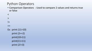 Python Operators
• Comparison Operators : Used to compare 2 values and returns true
or false
<
>
!=
==
Ex : print (11>10)
print (2==2)
print(10>11)
print(11>11)
print (2!=3)
 