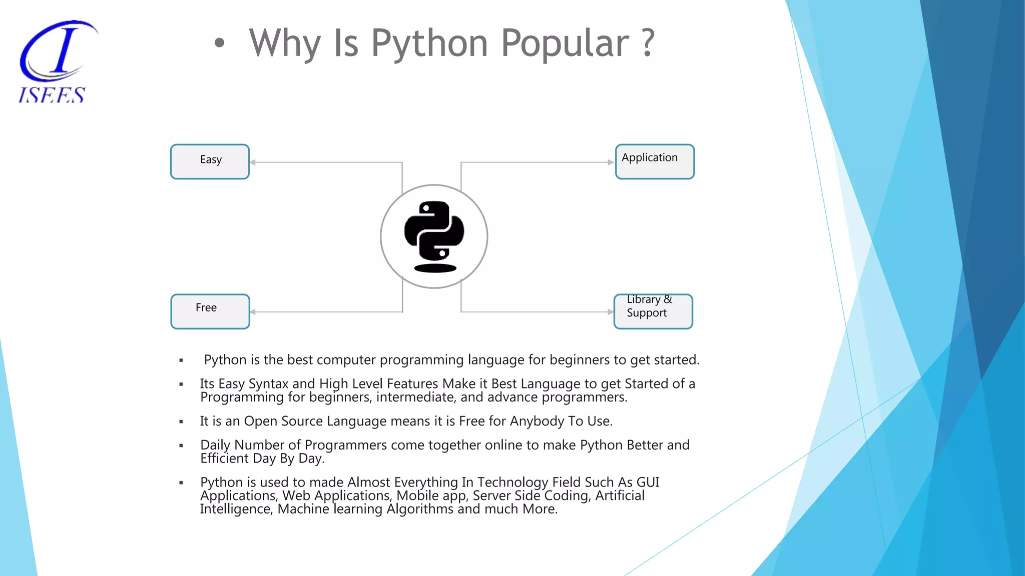 • Why Is Python Popular ?  Python is the best computer programming language for beginners to get started.  Its Easy Syntax and High Level Features Make it Best Language to get Started of a Programming for beginners, intermediate, and advance programmers.  It is an Open Source Language means it is Free for Anybody To Use.  Daily Number of Programmers come together online to make Python Better and Efficient Day By Day.  Python is used to made Almost Everything In Technology Field Such As GUI Applications, Web Applications, Mobile app, Server Side Coding, Artificial Intelligence, Machine learning Algorithms and much More. Easy Application Free Library & Support 
