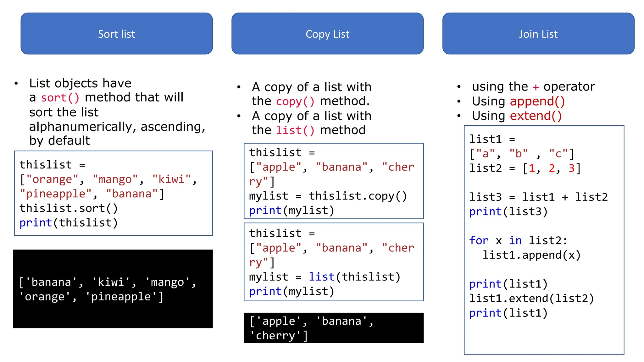 Sort list Copy List Join List
• List objects have
a sort() method that will
sort the list
alphanumerically, ascending,
by default
thislist =
["orange", "mango", "kiwi",
"pineapple", "banana"]
thislist.sort()
print(thislist)
['banana', 'kiwi', 'mango',
'orange', 'pineapple']
• A copy of a list with
the copy() method.
• A copy of a list with
the list() method
thislist =
["apple", "banana", "cher
ry"]
mylist = thislist.copy()
print(mylist)
thislist =
["apple", "banana", "cher
ry"]
mylist = list(thislist)
print(mylist)
['apple', 'banana',
'cherry']
• using the + operator
• Using append()
• Using extend()
list1 =
["a", "b" , "c"]
list2 = [1, 2, 3]
list3 = list1 + list2
print(list3)
for x in list2:
list1.append(x)
print(list1)
list1.extend(list2)
print(list1)
 