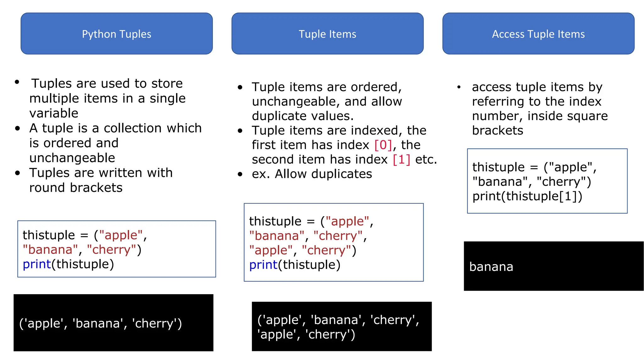 Python Tuples Tuple Items Access Tuple Items
• Tuples are used to store
multiple items in a single
variable
• A tuple is a collection which
is ordered and
unchangeable
• Tuples are written with
round brackets
thistuple = ("apple",
"banana", "cherry")
print(thistuple)
('apple', 'banana', 'cherry')
• Tuple items are ordered,
unchangeable, and allow
duplicate values.
• Tuple items are indexed, the
first item has index [0], the
second item has index [1] etc.
• ex. Allow duplicates
thistuple = ("apple",
"banana", "cherry",
"apple", "cherry")
print(thistuple) banana
• access tuple items by
referring to the index
number, inside square
brackets
thistuple = ("apple",
"banana", "cherry")
print(thistuple[1])
('apple', 'banana', 'cherry',
'apple', 'cherry')
 