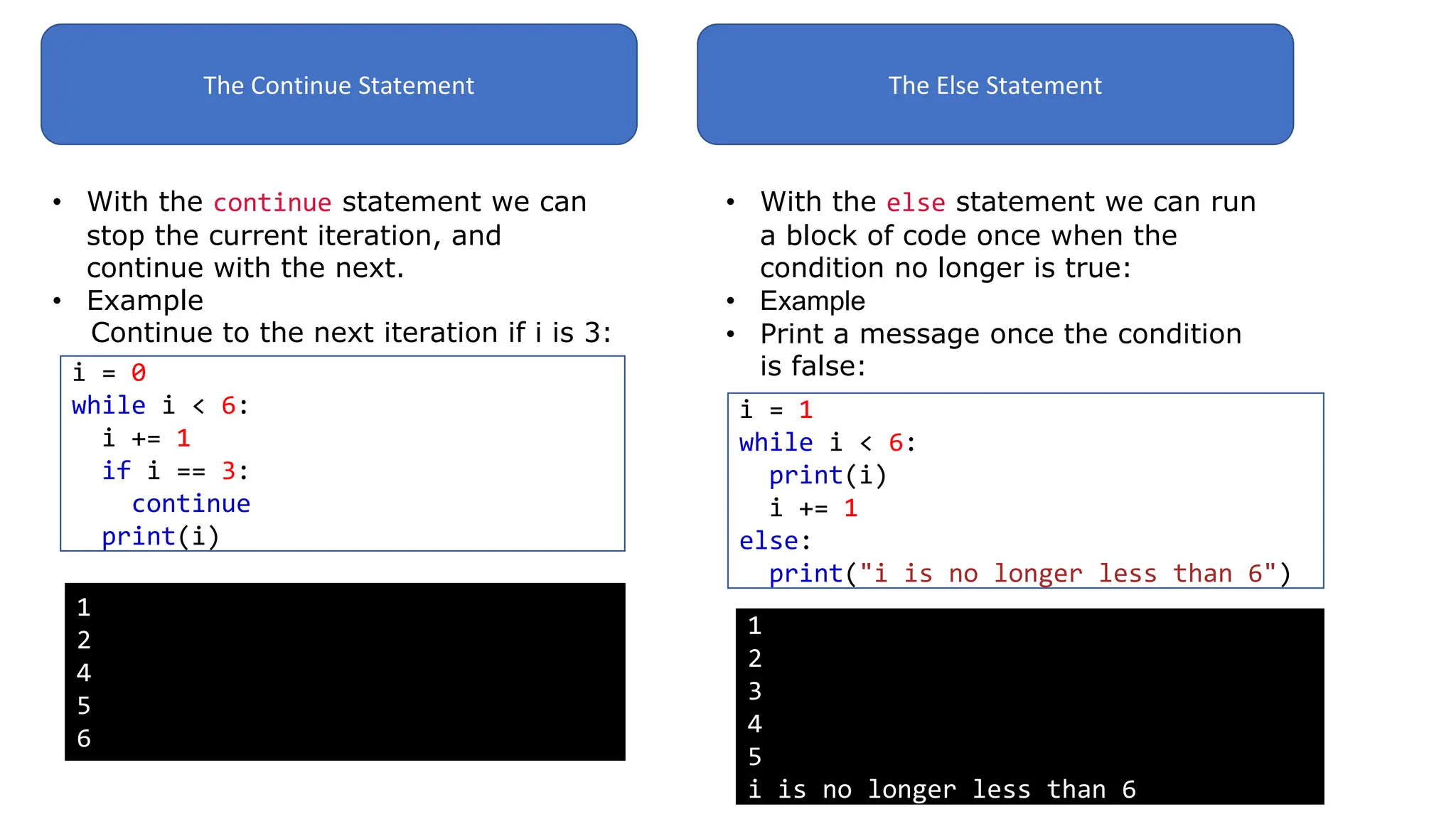 The Continue Statement
• With the continue statement we can
stop the current iteration, and
continue with the next.
• Example
Continue to the next iteration if i is 3:
i = 0
while i < 6:
i += 1
if i == 3:
continue
print(i)
1
2
4
5
6
The Else Statement
• With the else statement we can run
a block of code once when the
condition no longer is true:
• Example
• Print a message once the condition
is false:
i = 1
while i < 6:
print(i)
i += 1
else:
print("i is no longer less than 6")
1
2
3
4
5
i is no longer less than 6
 