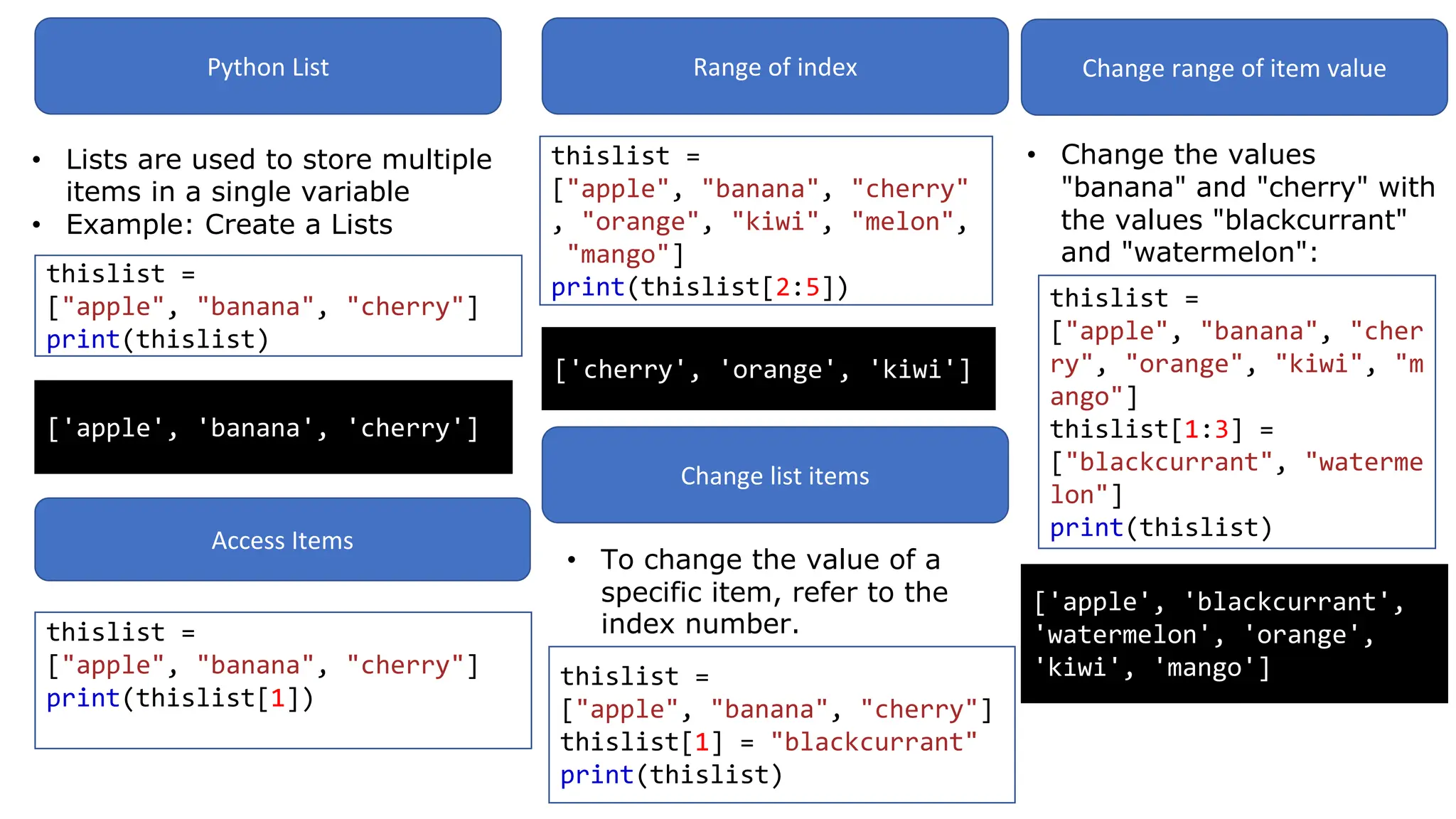 Python List
• Lists are used to store multiple
items in a single variable
• Example: Create a Lists
thislist =
["apple", "banana", "cherry"]
print(thislist)
['apple', 'banana', 'cherry']
Access Items
thislist =
["apple", "banana", "cherry"]
print(thislist[1])
Range of index
thislist =
["apple", "banana", "cherry"
, "orange", "kiwi", "melon",
"mango"]
print(thislist[2:5])
['cherry', 'orange', 'kiwi']
Change list items
• To change the value of a
specific item, refer to the
index number.
thislist =
["apple", "banana", "cherry"]
thislist[1] = "blackcurrant"
print(thislist)
Change range of item value
• Change the values
"banana" and "cherry" with
the values "blackcurrant"
and "watermelon":
thislist =
["apple", "banana", "cher
ry", "orange", "kiwi", "m
ango"]
thislist[1:3] =
["blackcurrant", "waterme
lon"]
print(thislist)
['apple', 'blackcurrant',
'watermelon', 'orange',
'kiwi', 'mango']
 