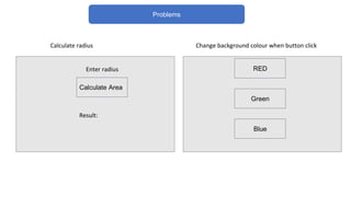 Problems
Calculate Area
Enter radius
Result:
RED
Green
Blue
Change background colour when button click
Calculate radius
 