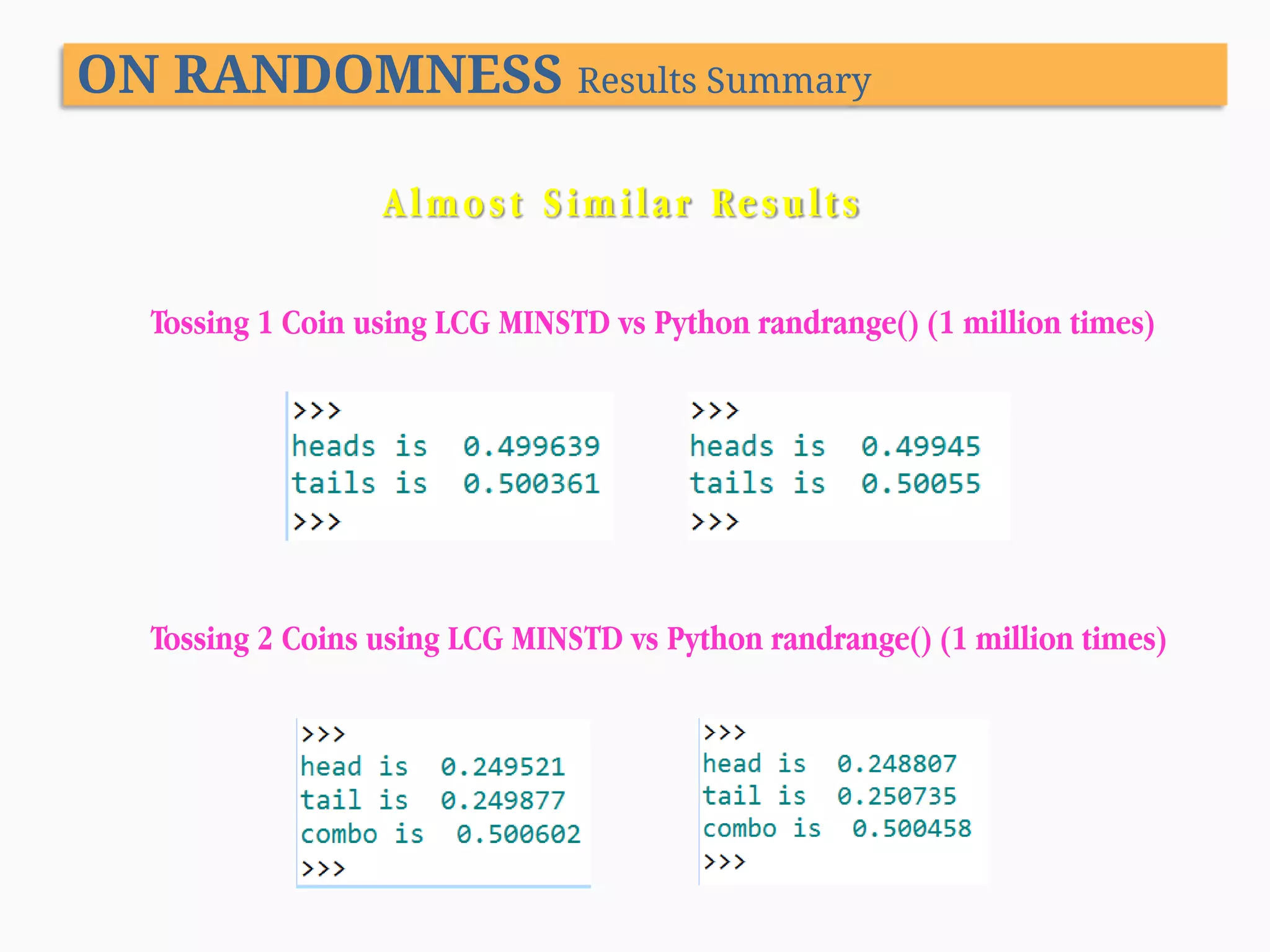 ON RANDOMNESS Results Summary Almost Similar Results Tossing 1 Coin using LCG MINSTD vs Python randrange() (1 million times) Tossing 2 Coins using LCG MINSTD vs Python randrange() (1 million times) 