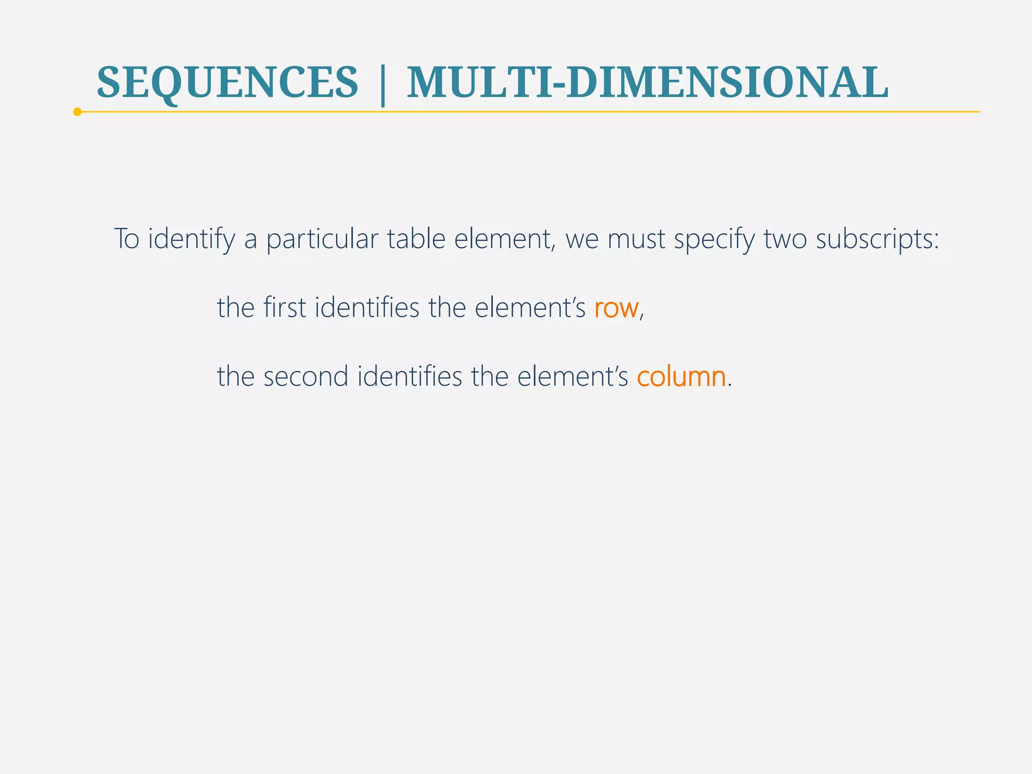 SEQUENCES | MULTI-DIMENSIONAL 
To identify a particular table element, we must specify two subscripts: 
the first identifies the element’s row, 
the second identifies the element’s column. 
74 
 
