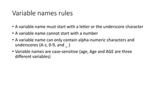 Variable names rules
• A variable name must start with a letter or the underscore character
• A variable name cannot start...