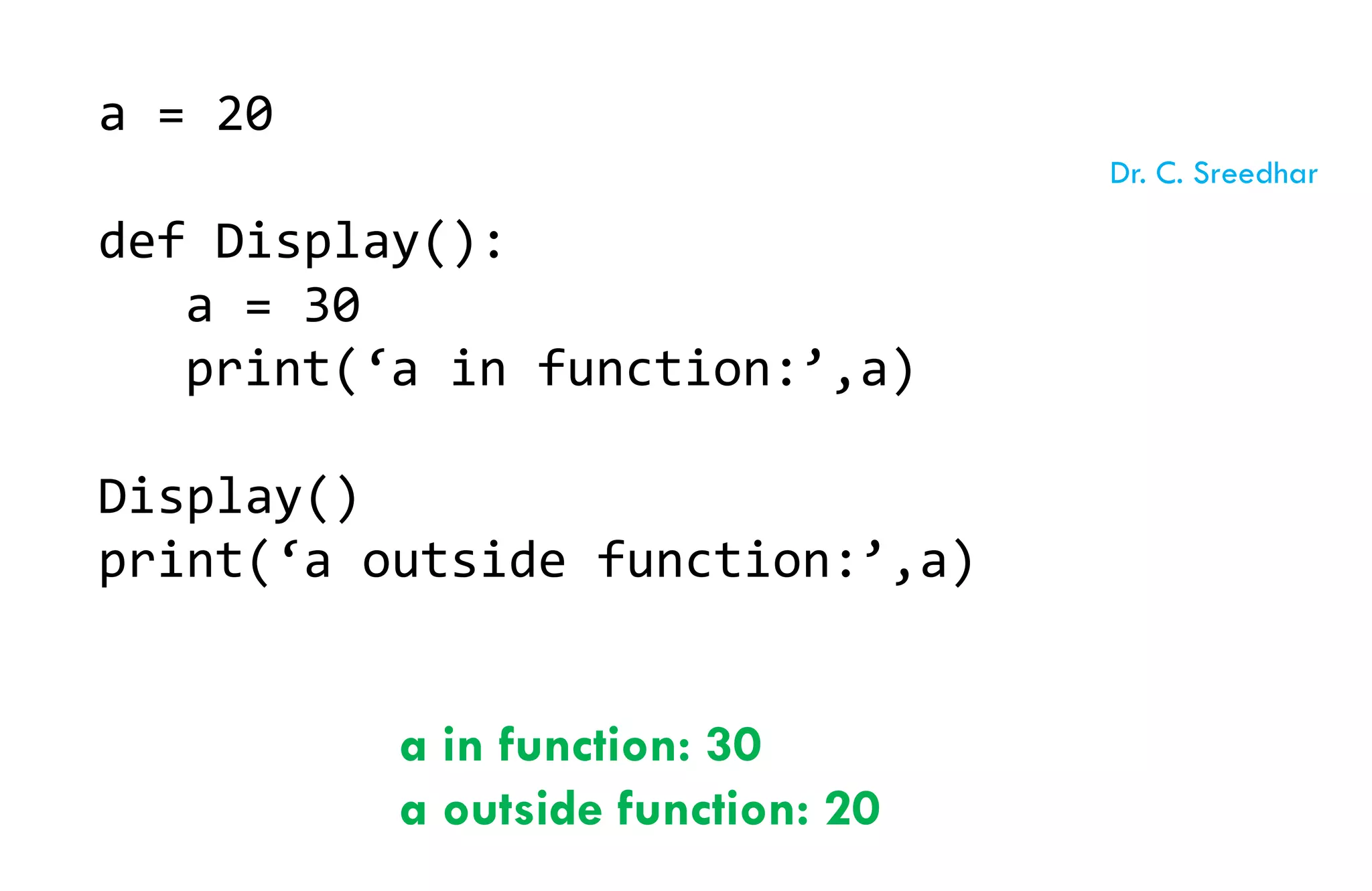 a = 20
def Display():
a = 30
print(‘a in function:’,a)
Display()
print(‘a outside function:’,a)
a in function: 30
a outside function: 20
Dr. C. Sreedhar
 