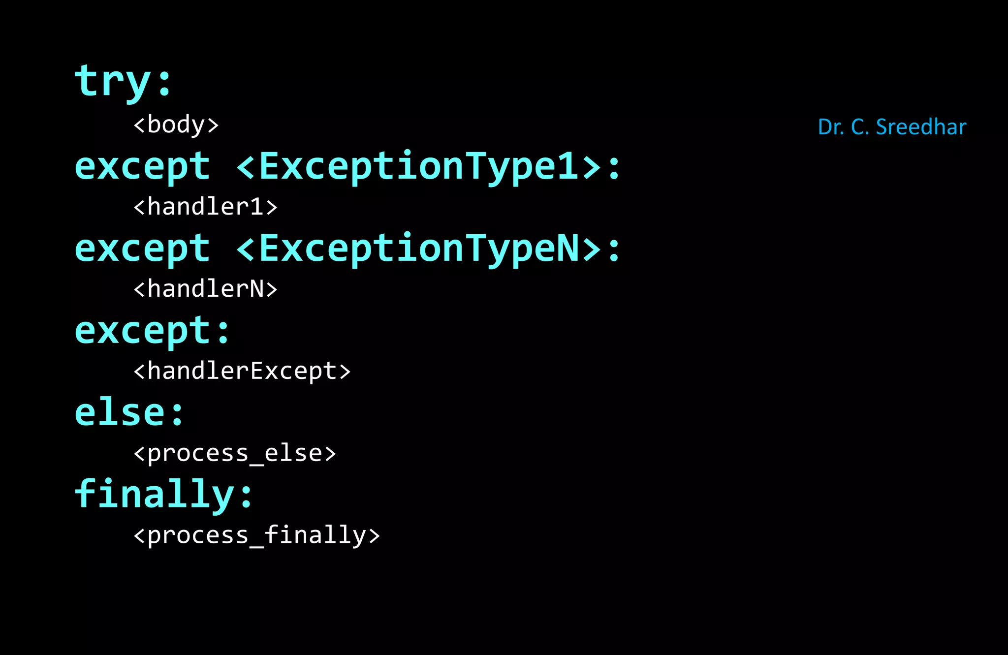 try:
<body>
except <ExceptionType1>:
<handler1>
except <ExceptionTypeN>:
<handlerN>
except:
<handlerExcept>
else:
<process_else>
finally:
<process_finally>
Dr. C. Sreedhar
 
