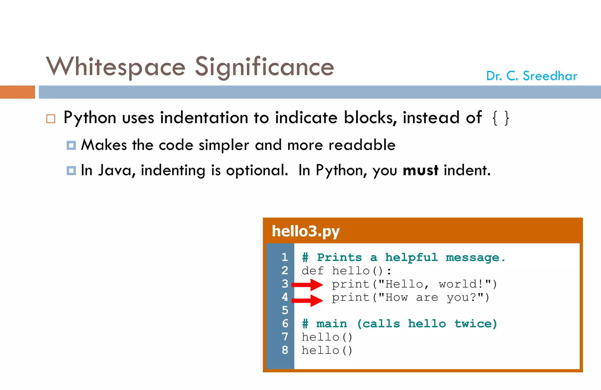 Whitespace Significance
 Python uses indentation to indicate blocks, instead of {}
 Makes the code simpler and more readable
 In Java, indenting is optional. In Python, you must indent.
hello3.py
1
2
3
4
5
6
7
8
# Prints a helpful message.
def hello():
print("Hello, world!")
print("How are you?")
# main (calls hello twice)
hello()
hello()
Dr. C. Sreedhar
 
