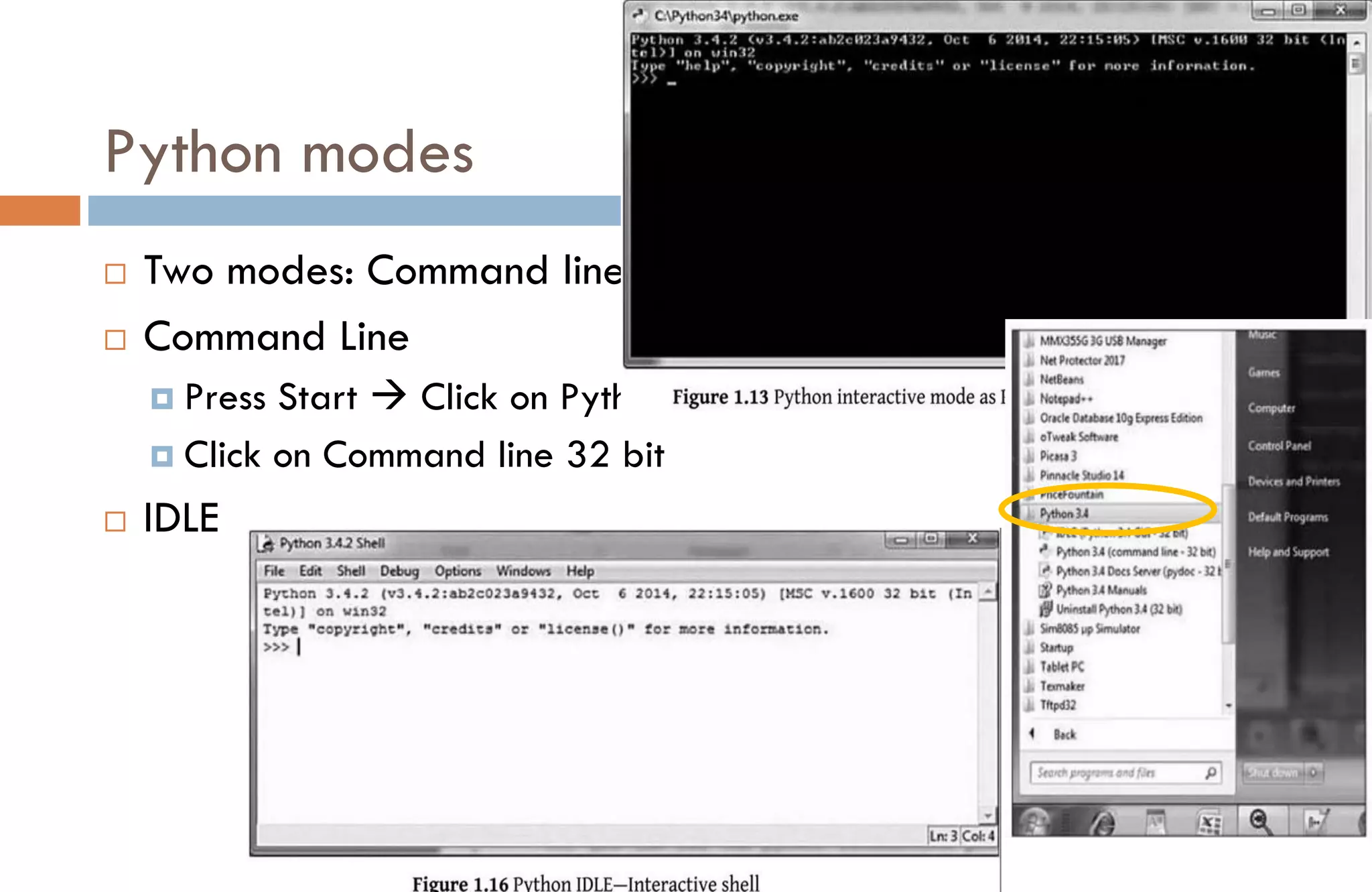 Python modes
 Two modes: Command line and IDLE
 Command Line
 Press Start  Click on Python 3.4
 Click on Command line 32 bit
 IDLE
 