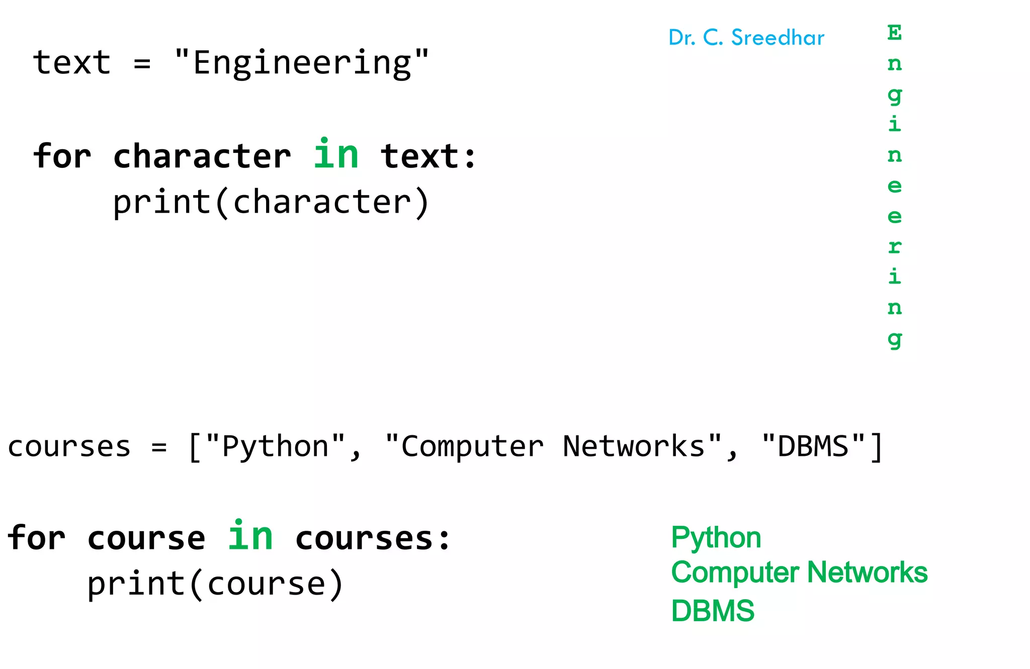 text = "Engineering"
for character in text:
print(character)
E
n
g
i
n
e
e
r
i
n
g
courses = ["Python", "Computer Networks", "DBMS"]
for course in courses:
print(course)
Python
Computer Networks
DBMS
Dr. C. Sreedhar
 