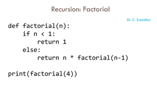 def factorial(n):
if n < 1:
return 1
else:
return n * factorial(n-1)
print(factorial(4))
Recursion: Factorial
Dr. C. Sreedhar
 