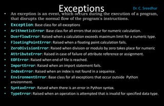 Exceptions
• An exception is an event, which occurs during the execution of a program,
that disrupts the normal flow of the program's instructions.
• Exception: Base class for all exceptions
• ArithmeticError: Base class for all errors that occur for numeric calculation.
• OverflowError: Raised when a calculation exceeds maximum limit for a numeric type.
• FloatingPointError: Raised when a floating point calculation fails.
• ZeroDivisionError: Raised when division or modulo by zero takes place for numeric
• AttributeError: Raised in case of failure of attribute reference or assignment.
• EOFError: Raised when end of file is reached.
• ImportError: Raised when an import statement fails.
• IndexError: Raised when an index is not found in a sequence.
• EnvironmentError: Base class for all exceptions that occur outside Python
environment.
• SyntaxError: Raised when there is an error in Python syntax.
• TypeError: Raised when an operation is attempted that is invalid for specified data type.
Dr. C. Sreedhar
 